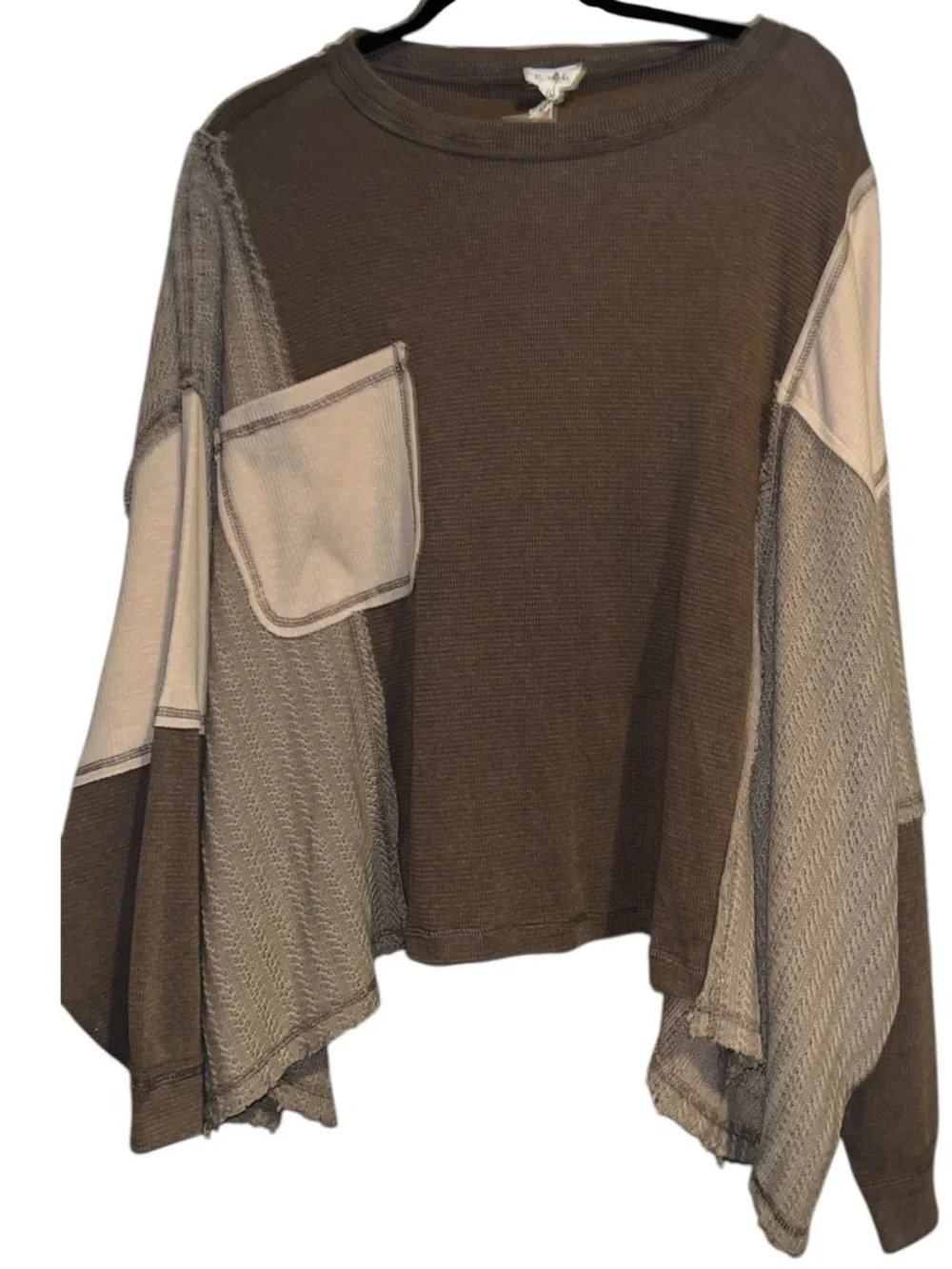 POL Small Casual Brown Knit Top with Patch Pocket- Brown & Cream